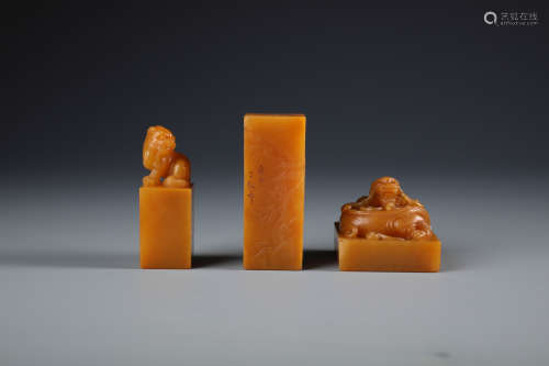 Three Chinese Carved Various Soapstone Seals with Inscriptions