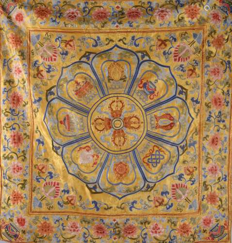 An Imperial Chinese Yellow Ground Silk Embroidery of Eight Buddhist Attributes