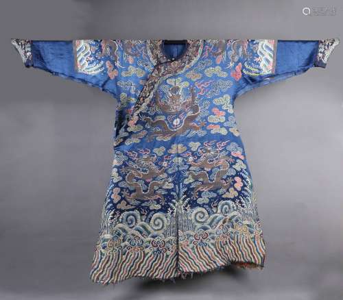 An Imperial Chinese Blue Silk  Silk EmbroideredDragon Robe
