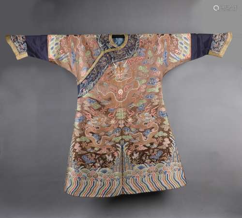 An Imperial Chinese Brown Silk Embroidered Dragon Robe