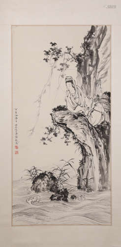 A Fine Chinese Hand-drawn Painting of Guanyin Signed By Puru