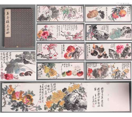 A Fine Chinese Hand-drawn Painting Album of Flowers Signed By Wu Chang Shuo(21Pages)
