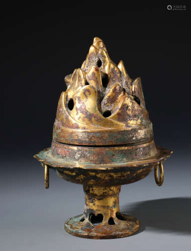 A Rare Chinese Gilt Bronze 'Hill' Censer  incised with Mythical Beast