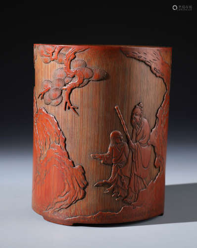 A Rare Chinese Carved Bamboo 'Scholors ' Brush Pot