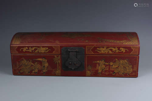 A Chinese Red Lacquer  Box with Gilt Painting of Landscape