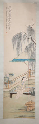 A Chinese Hand-drawn Paining of A  Lady Seated Beneath the Pavilion
