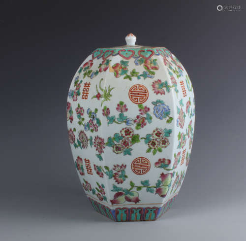 A Chinese Famille Rose Hexagonal Faced Porcelain Jar