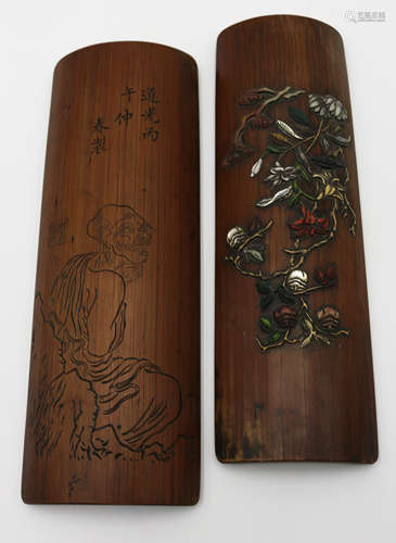 A Chinese Carved Bamboo Arm Rest with Inlaided 