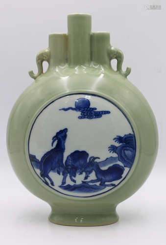 A Chinese Celadon Ground Blue and White Porcelain Moon Flask