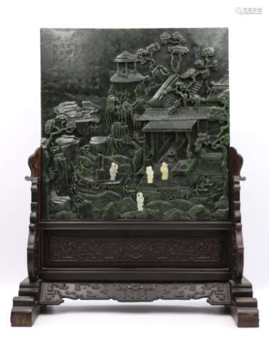 A Chinese Jade Inlaid Carved Hardwood Screen
