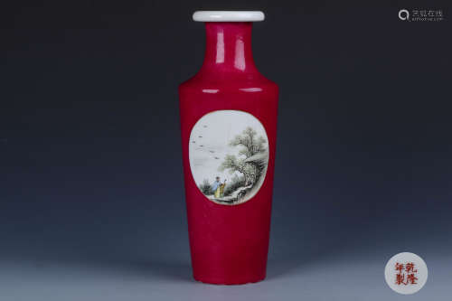  A Chinese Red Ground Famille-Rose Porcelain Vase