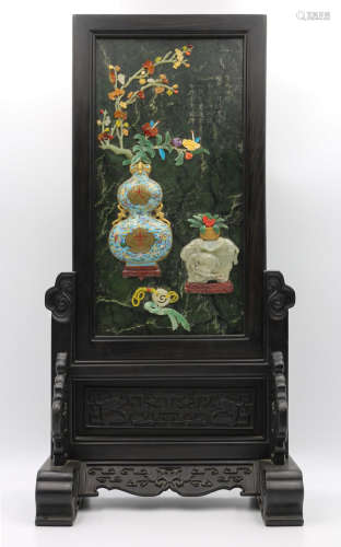 A Chinese Jade Inlaid Carved Hardwood Screen