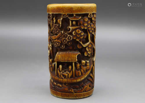 A Chinese Carved Horn Brush Pot