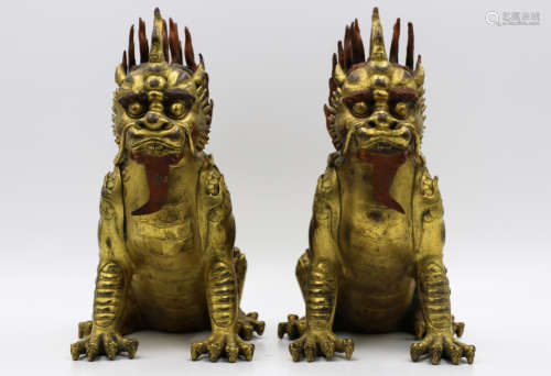 A Pair of Chinese Gilt Bronze Foo-Dogs