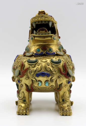 A Chinese Gilt Bronze Enamel Foo-Dog