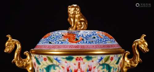 DAQING QIANLONG NIAN ZHI MARK PASTEL GILT DOUBLE EAR BEAST FACE THREE
LEGS CENSER