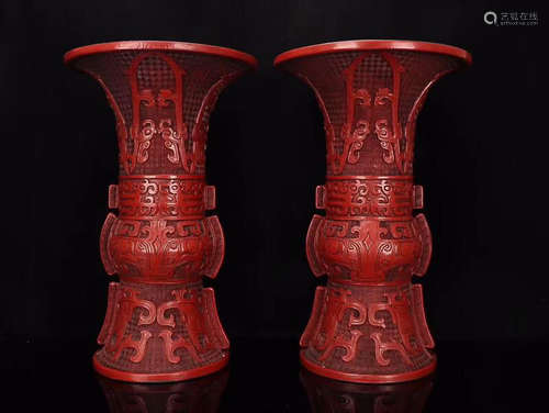 RED LAQUER FLOWER VASE IN PAIR