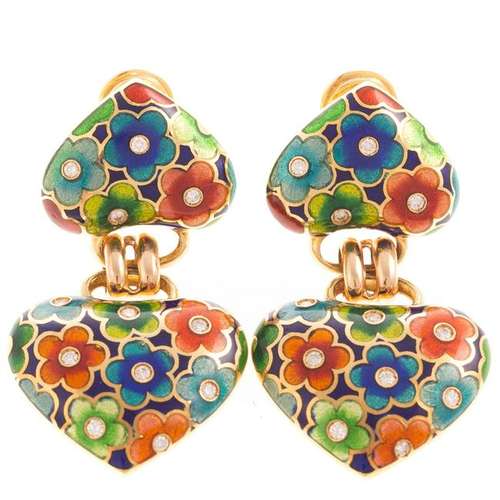 A Pair of Enamel & Diamond Earrings in 18K