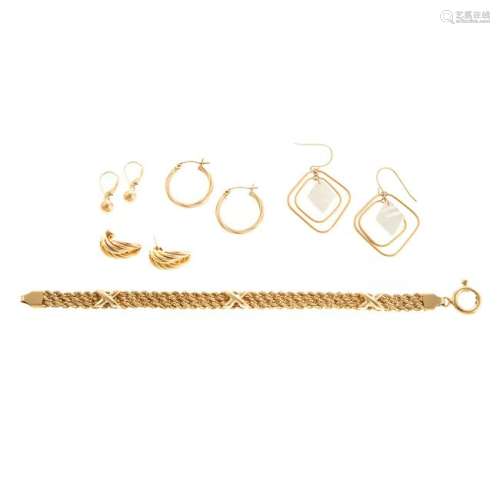 Four Pair of Earrings & Bracelet in 14K Gold
