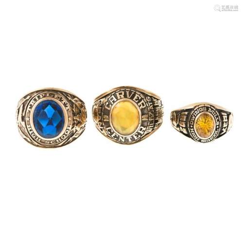 A Trio of Gold & Gemstone Class Rings in 10K