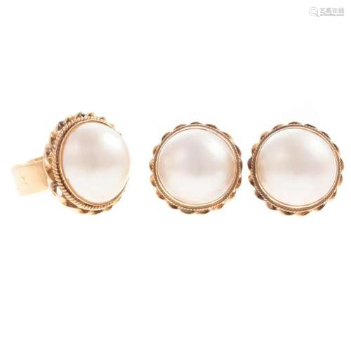 A Pair of Pearl Earrings & Matching Ring in 14K