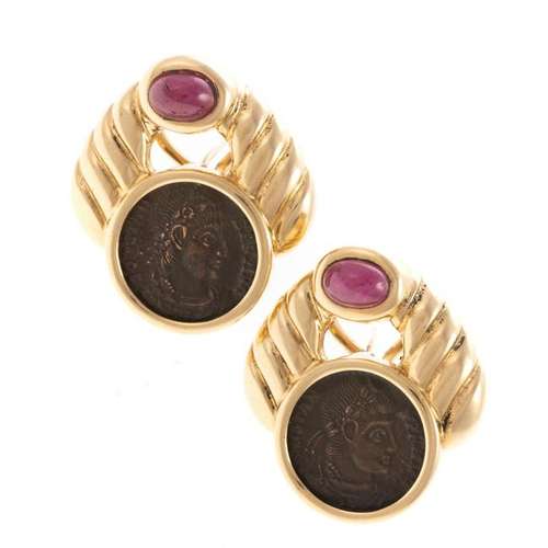 A Pair of Ruby & Roman Coin Earrings in 18K