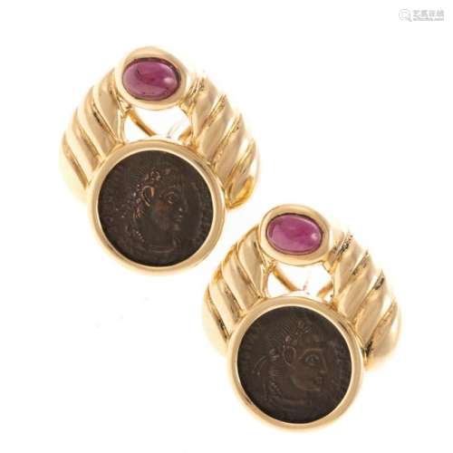 A Pair of Ruby & Roman Coin Earrings in 18K