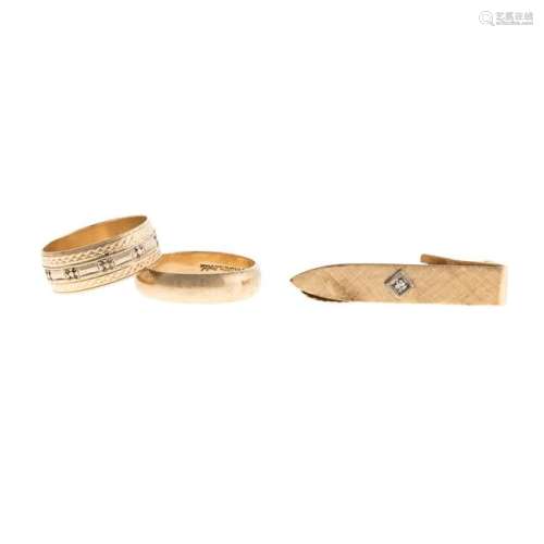 A Pair of Wide Bands & Tie Tack in 14K