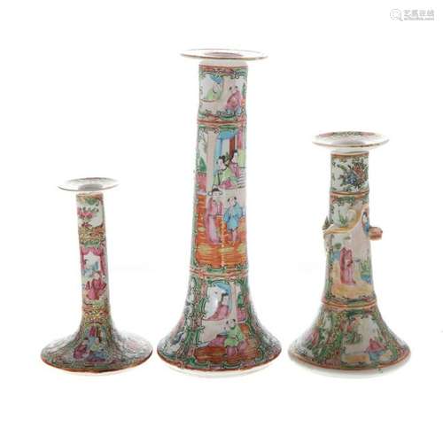 Three Chinese Export Rose Medallion Candlesticks