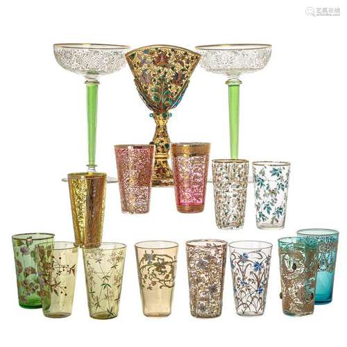 Sixteen Bohemian Glass Tumblers and Stems