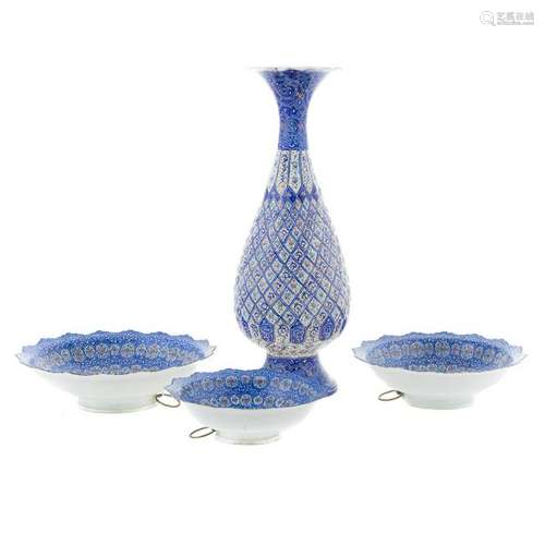 Persian Enamel Vase and Three Bowls