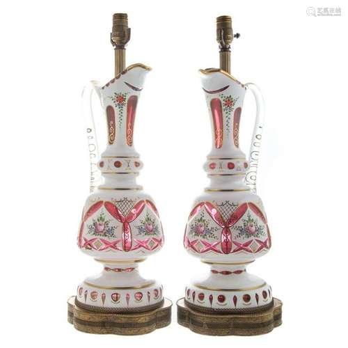 Pair Continental Cased Glass Ewer Lamps