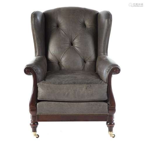 Lillian August Mahogany Finish Leather Wing Chair