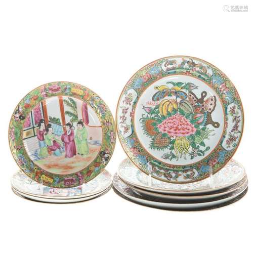 Nine Chinese Export Famille Rose Plates