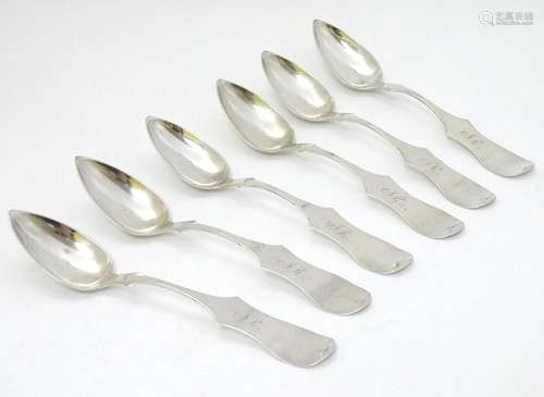 A set of 6 19thC American white metal teaspoons marked