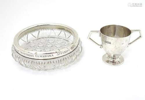 A cut glass dish with silver rim engraved 'Worthing