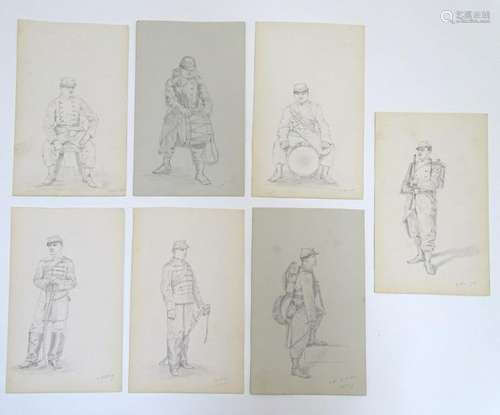 Militaria: an assortment of 7 pencil sketches depicting