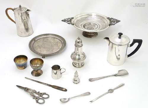 Assorted silver plated wares to include caster, salver,