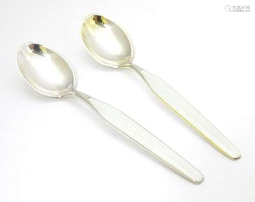 Two Norwegian silver/white enamel coffee spoons