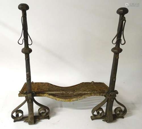 17thC Firedogs and basket: A pair of 17thC wrought iron