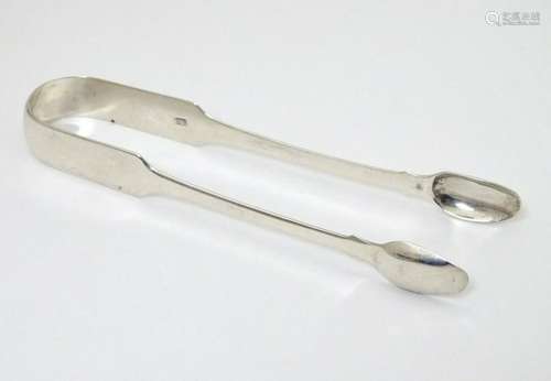 19thC silver fiddle pattern sugar tongs maker S.L 6''