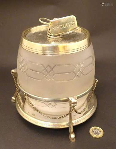 A c. 1900 silver plate and frosted glass biscuit barrel