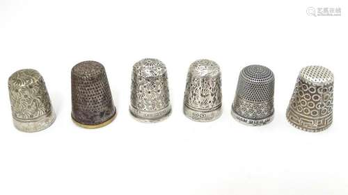 6 assorted thimbles including 2 silver examples one