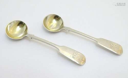 A pair of Victorian silver fiddle pattern salt spoons