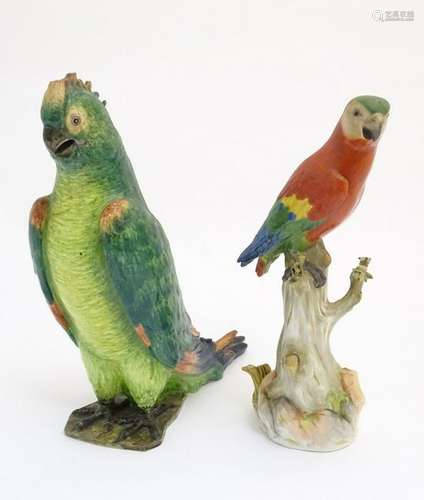 A Meissen parrot perched upon a branch base, together