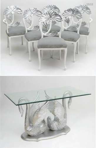 A late 20thC plate glass topped table with 6 chairs,