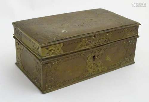 A 19thC brass box/casket with blind fret decoration to