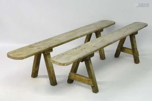 A pair of late 19thC pine pews. 72'' long x 8'' wide x