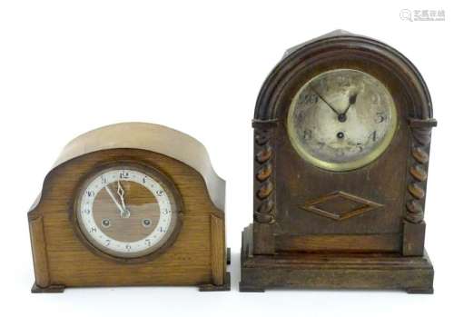 Two oak cased mantel clocks , one an American Timepiece
