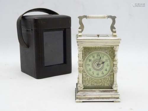 C.1900 cased silver plate 8'' repeater carriage clock /